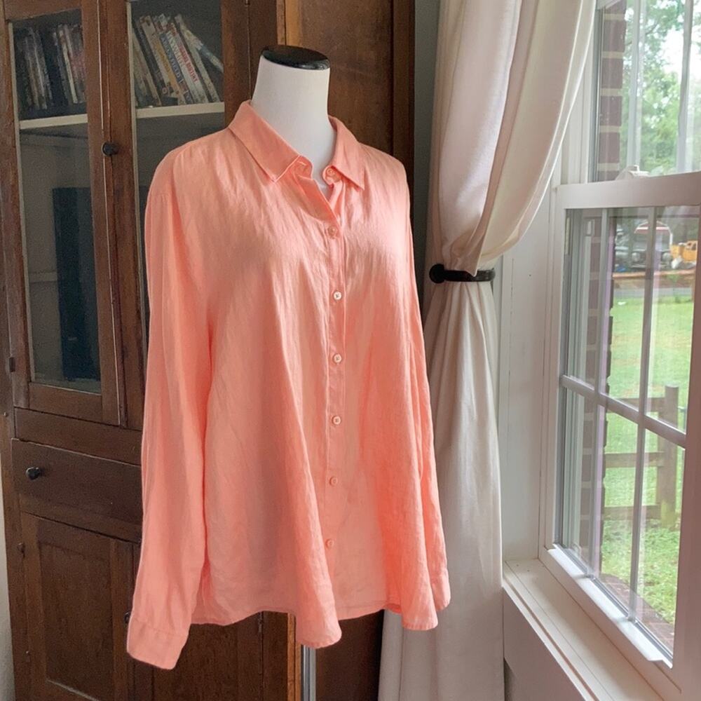 Kim Rogers Peach Linen Buttondown Shirt, Size XLP